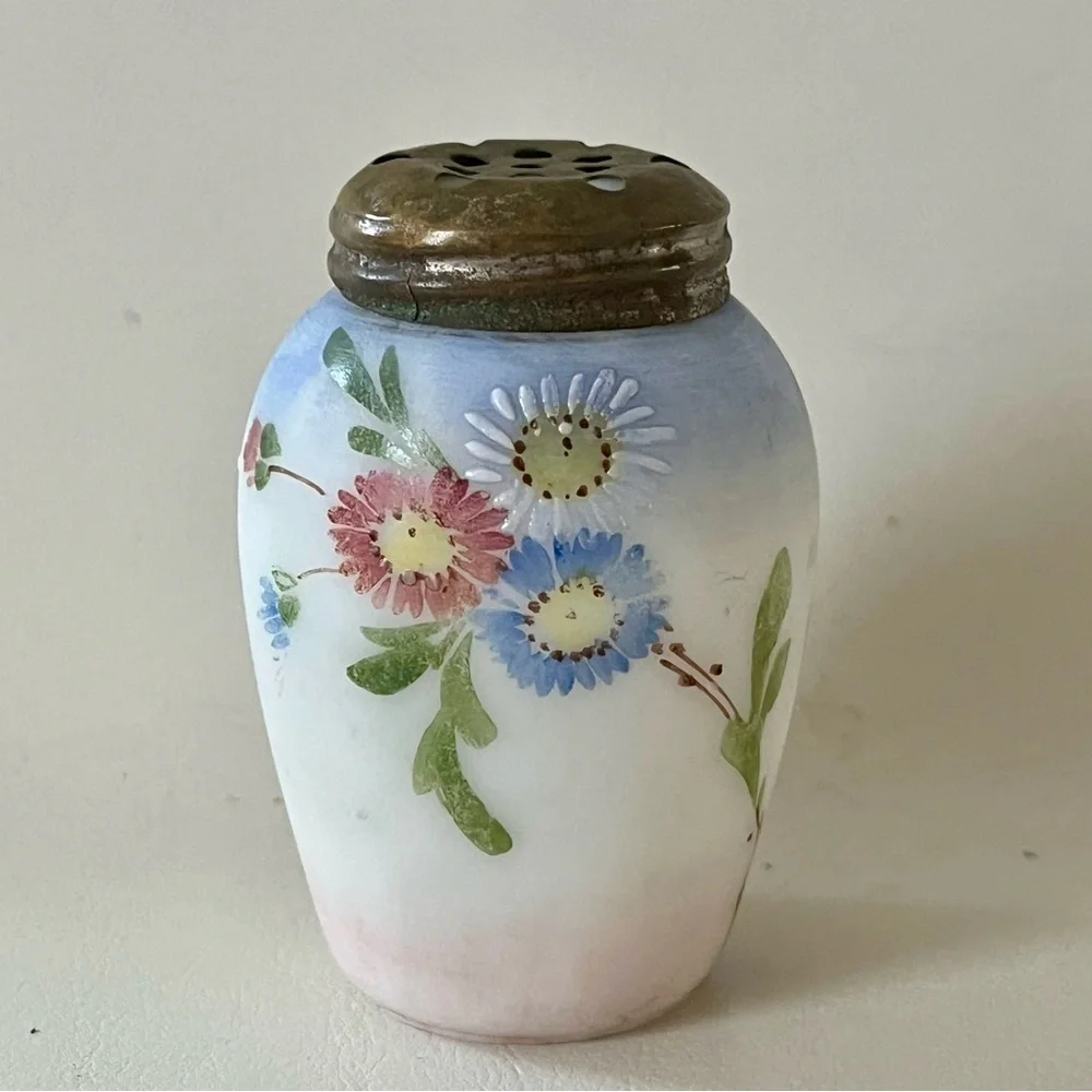 Hand-Painted Milk Glass Floral Salt Shaker with Metal Lid